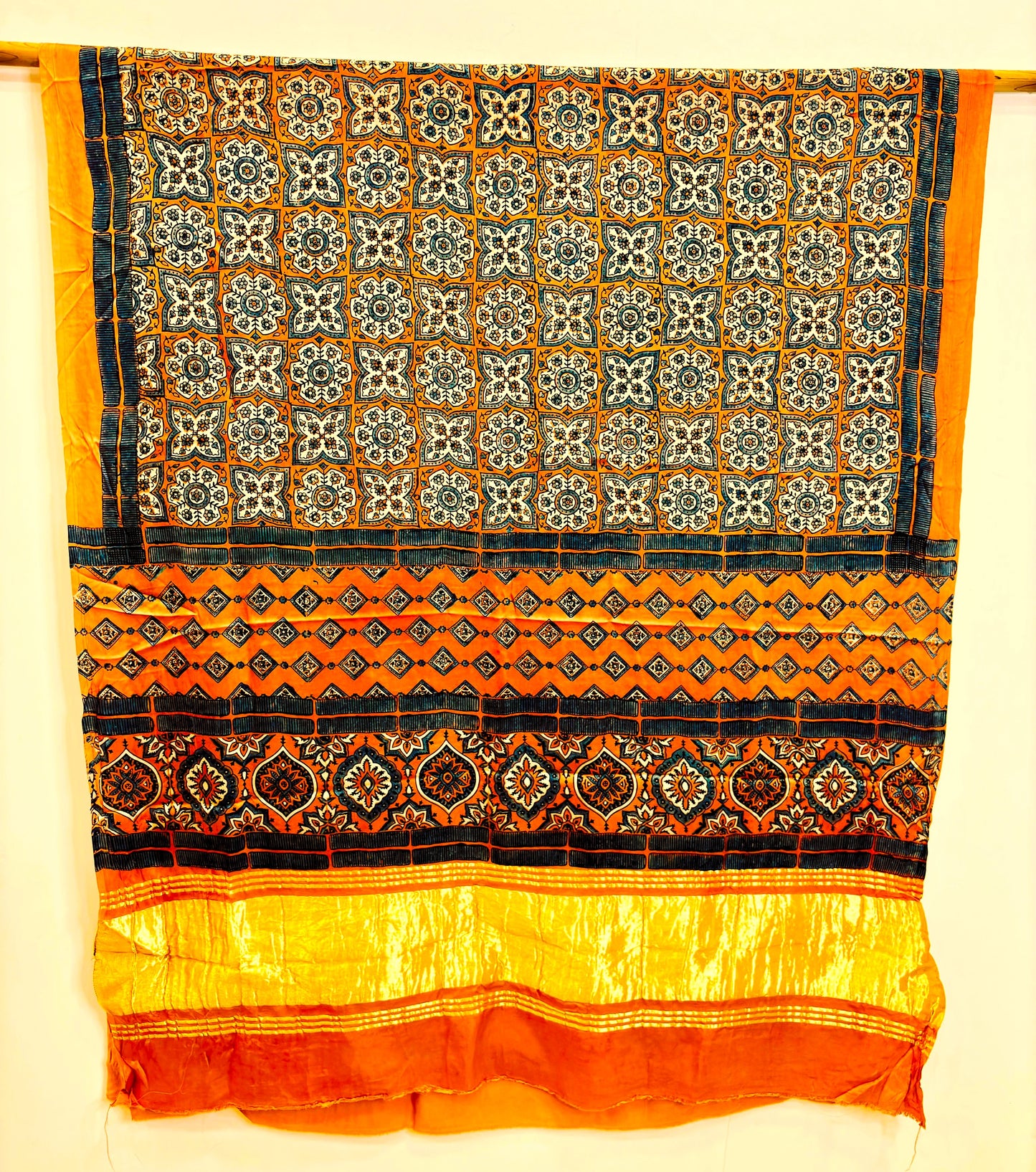 Dull Orange Ajrakh Handblock printed Modal Silk Dupatta with lagda patti
