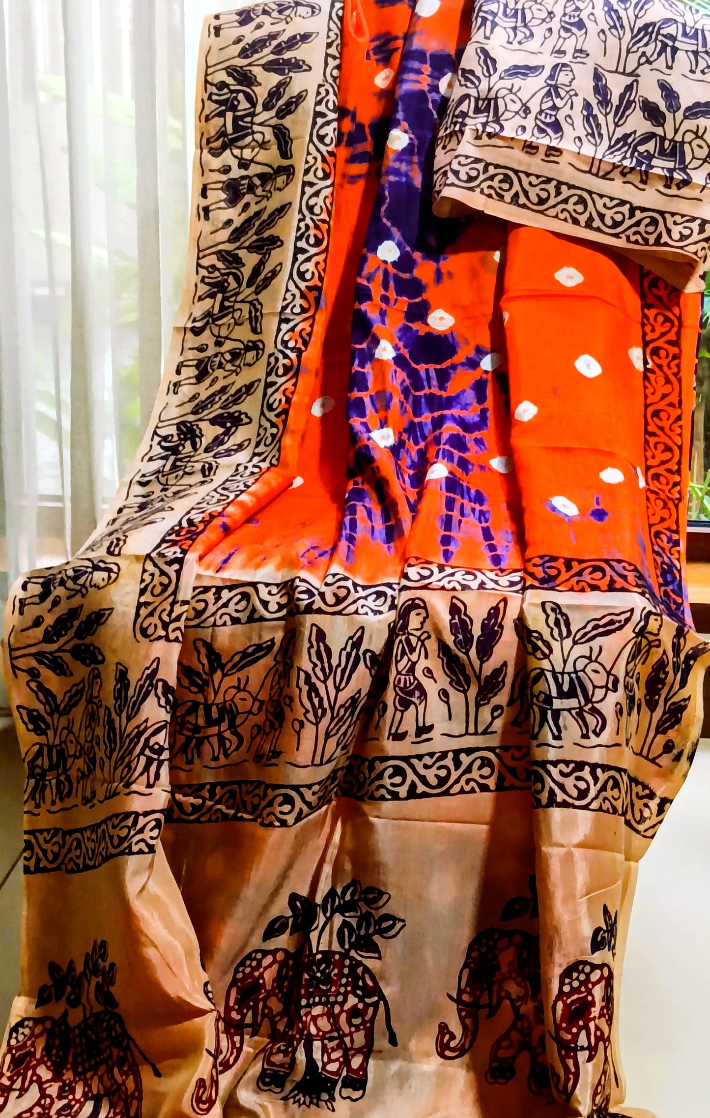 Bright Orange Handcrafted Chennuri Silk saree with Bandhani and Kalamkari