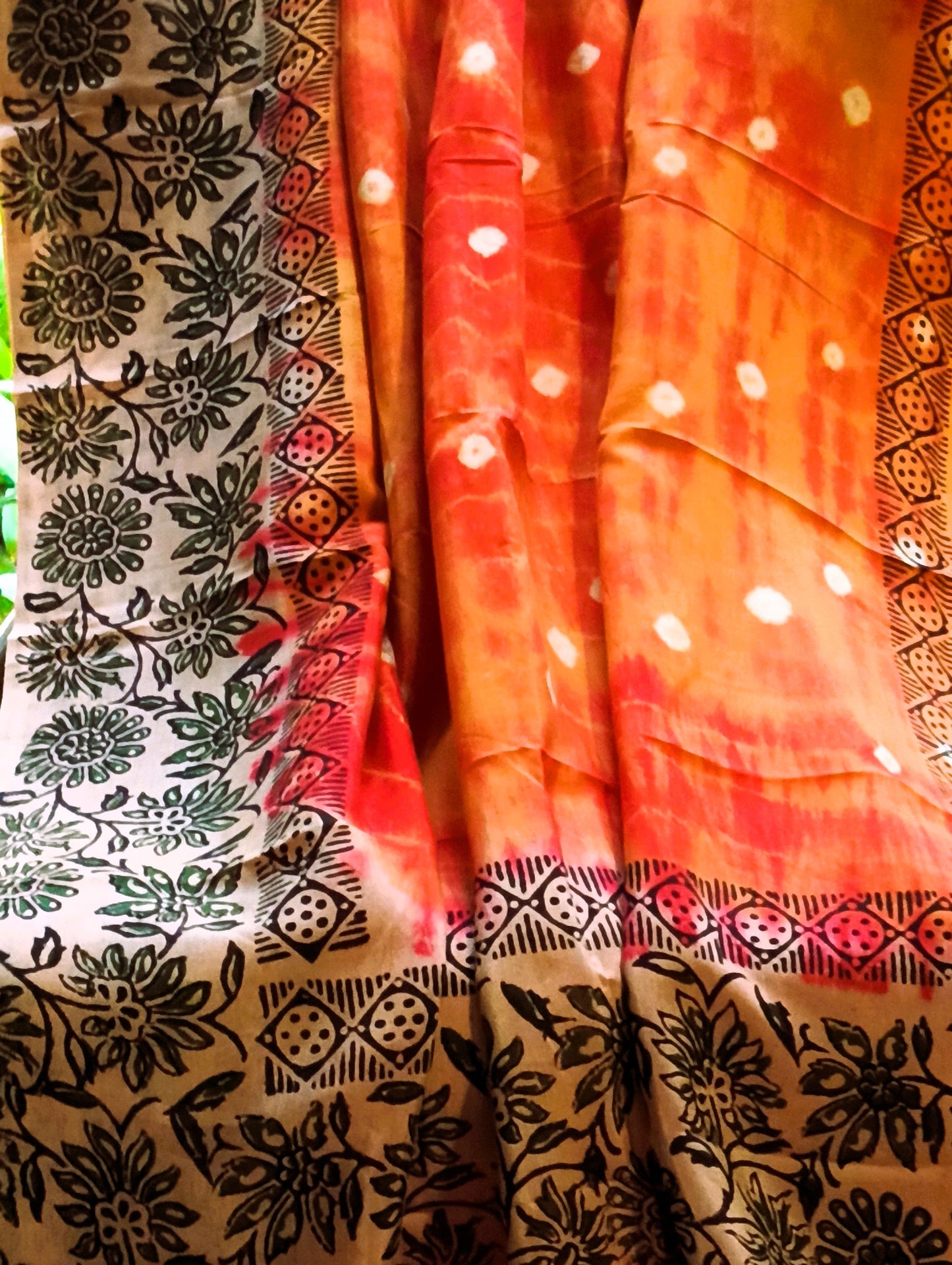 Pale Orange Handcrafted Chennuri Silk saree with Bandhani and Kalamkari