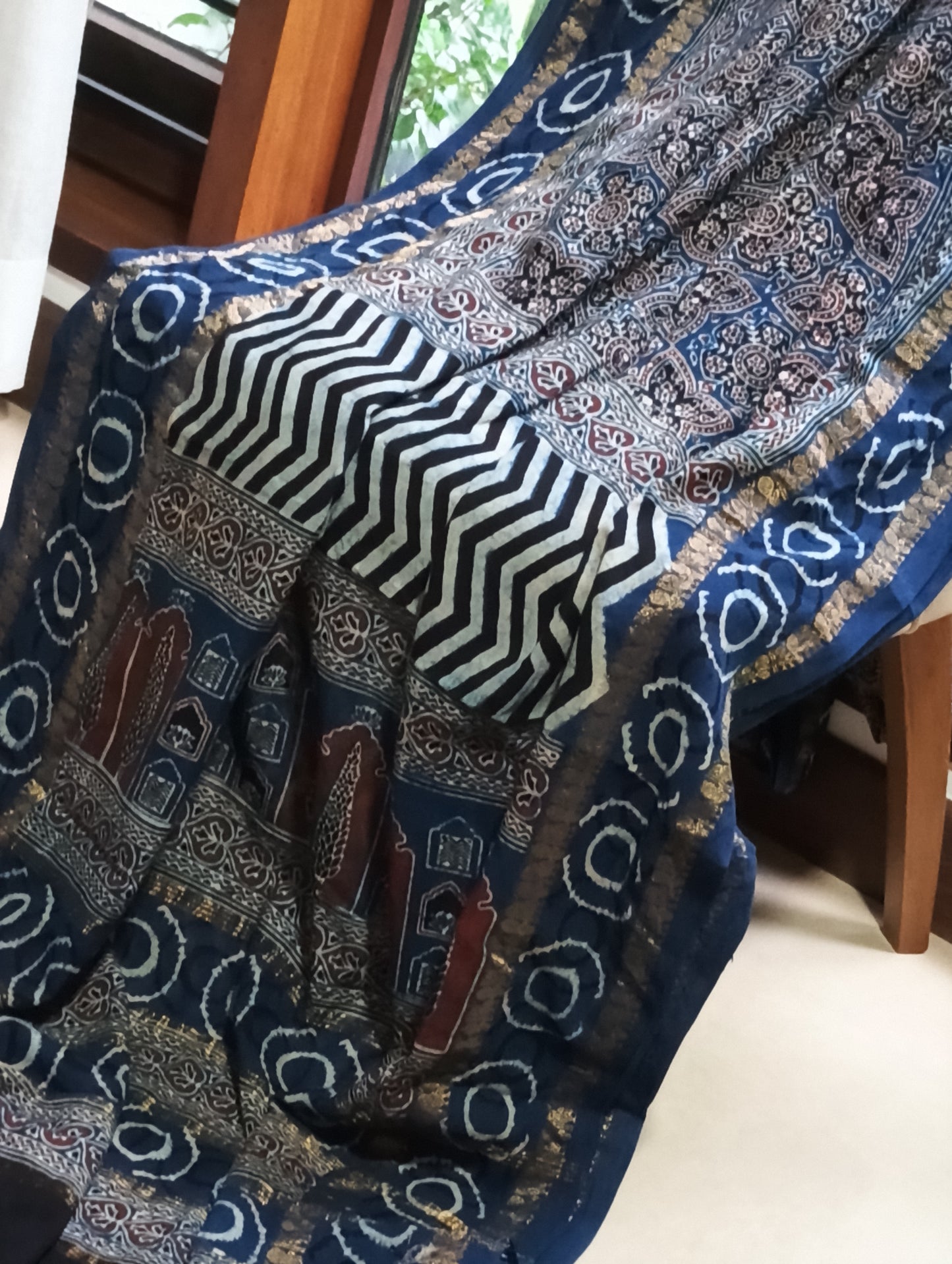 Indigo Blue Madurai Sungudi Cotton Designer Ajrakh Handblock printed saree