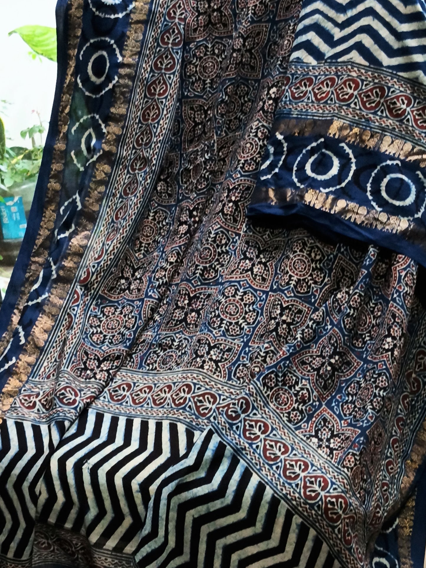 Indigo Blue Madurai Sungudi Cotton Designer Ajrakh Handblock printed saree