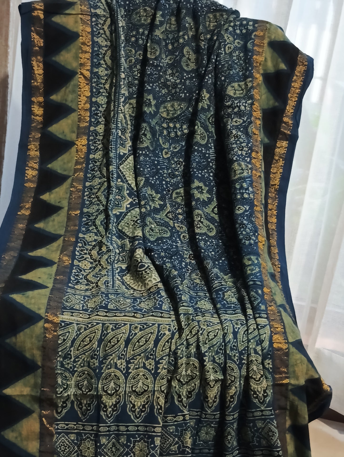 Indigo Blue Madurai Sungudi Cotton Designer Ajrakh Handblock printed saree