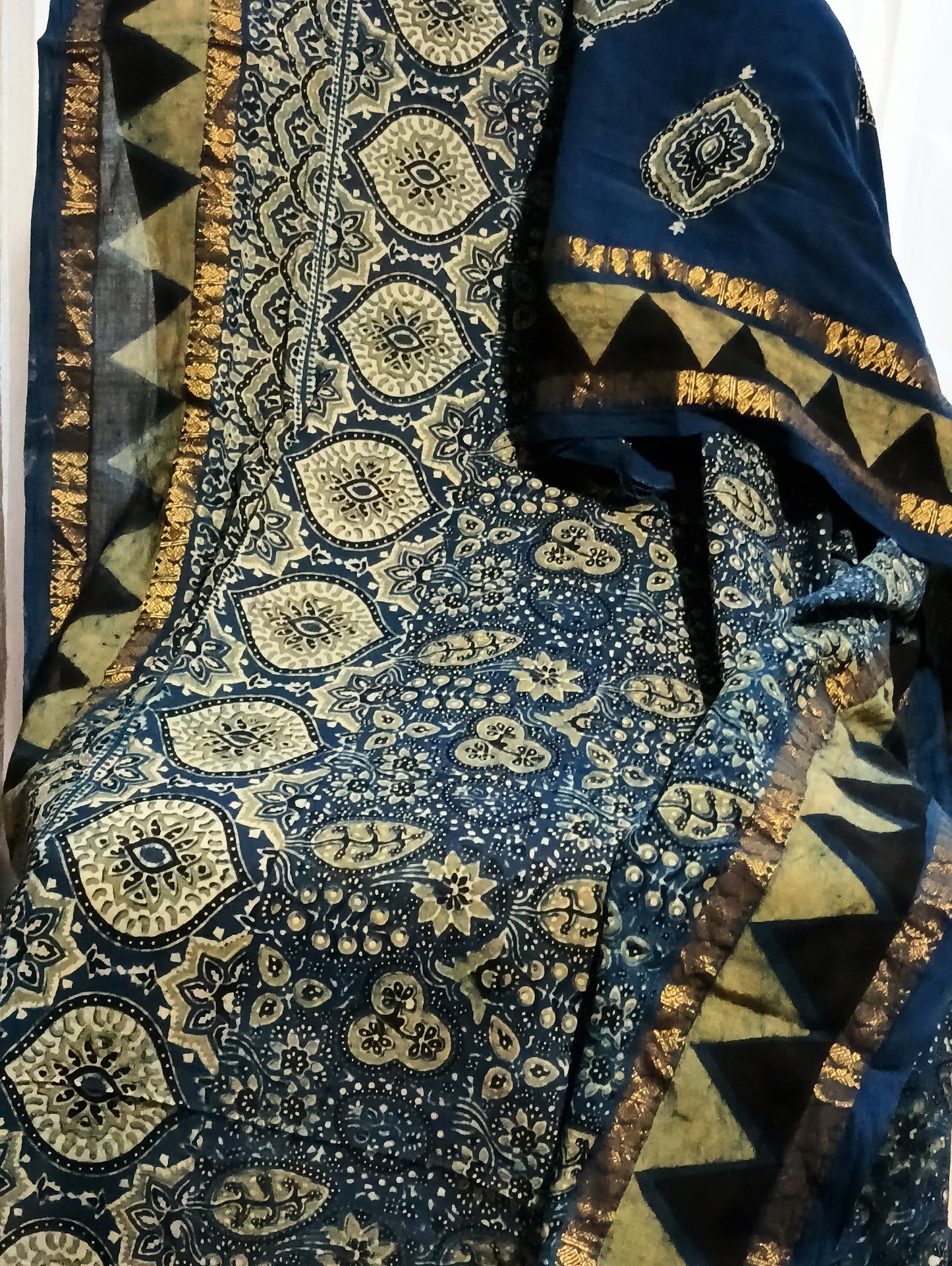 Indigo Blue Madurai Sungudi Cotton Designer Ajrakh Handblock printed saree