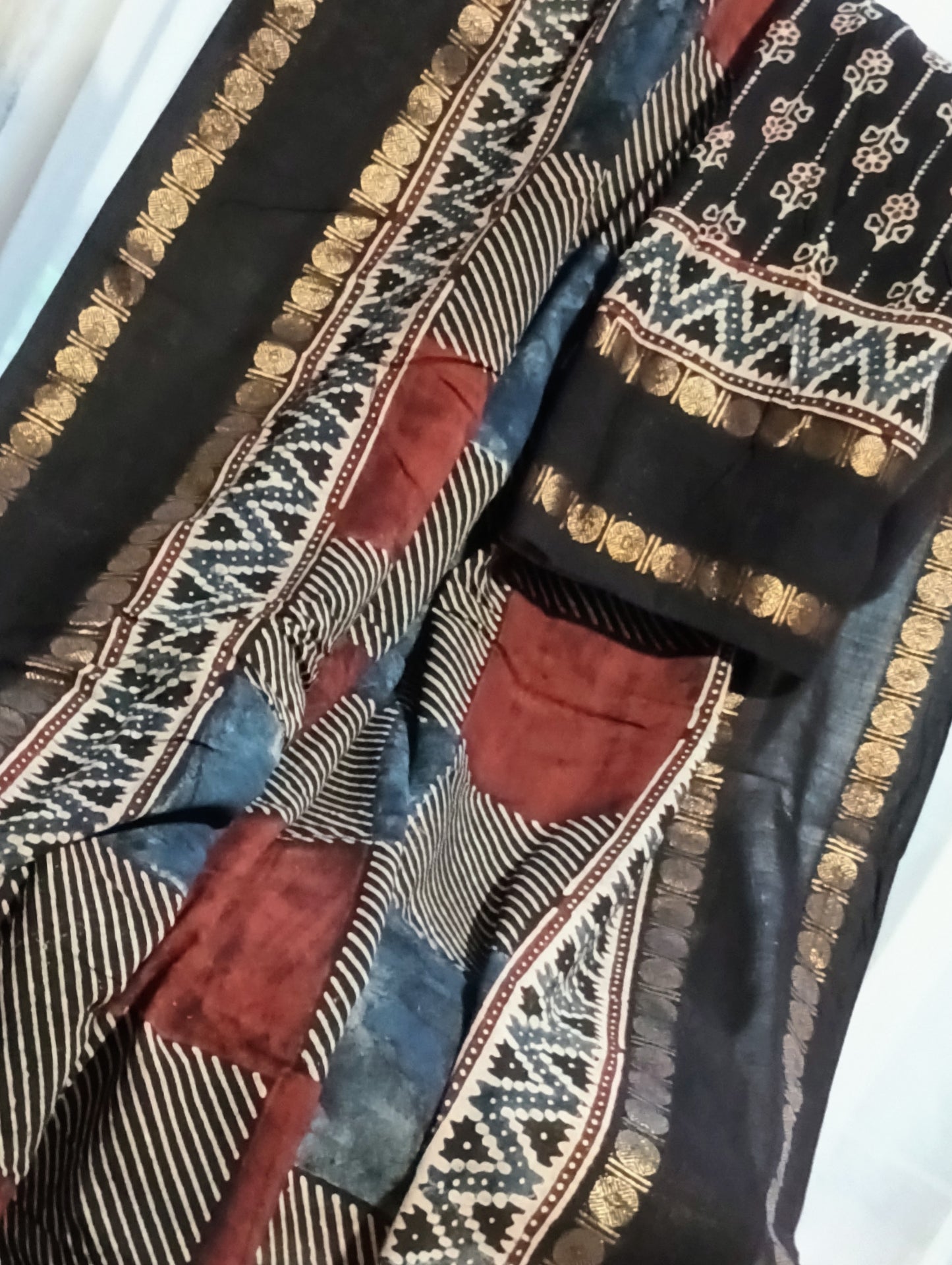 Black Madurai Sungudi Cotton Designer Ajrakh Handblock printed saree