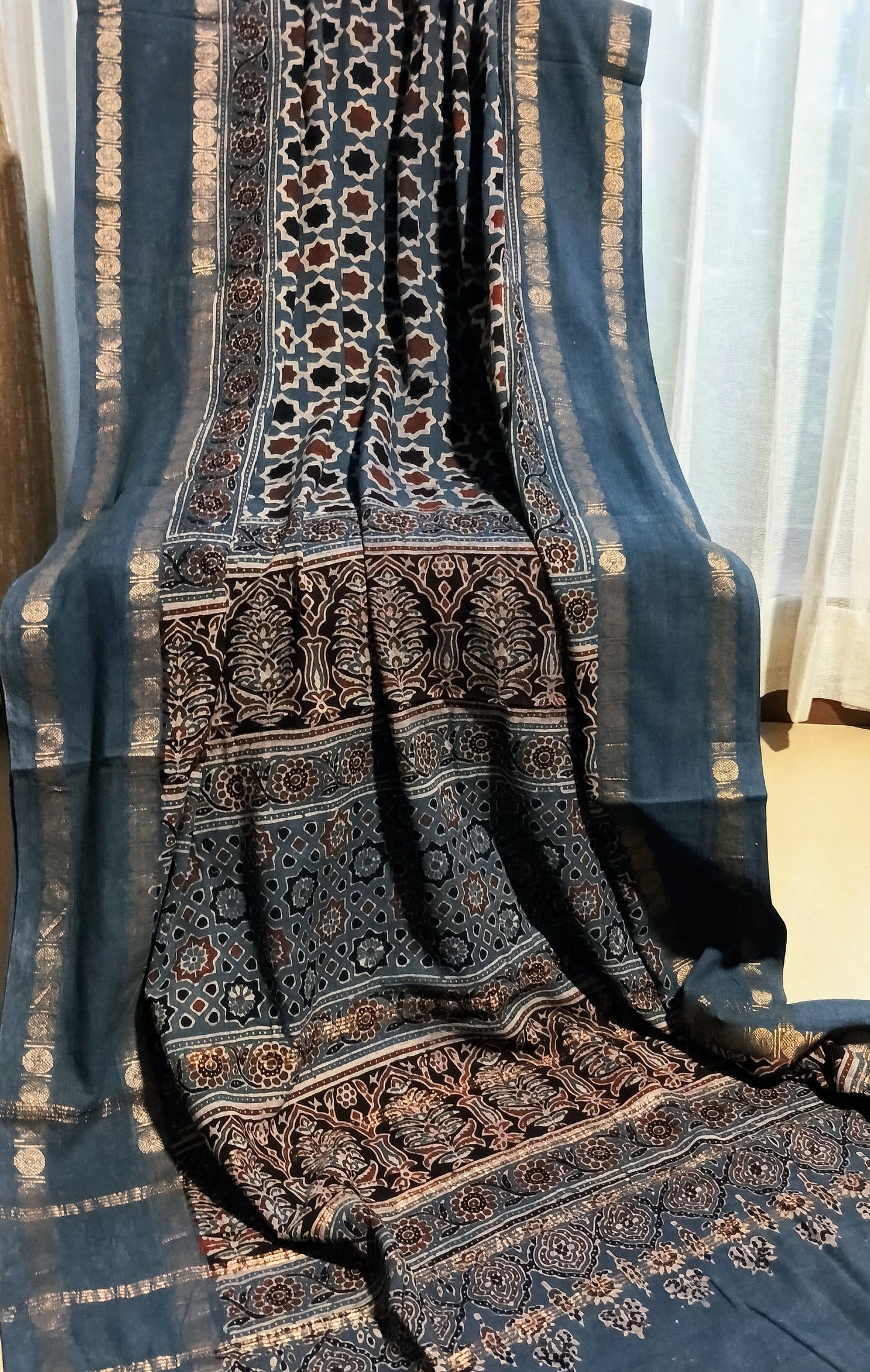 Light Indigo blue Madurai Sungudi Cotton Designer Ajrakh Handblock printed saree