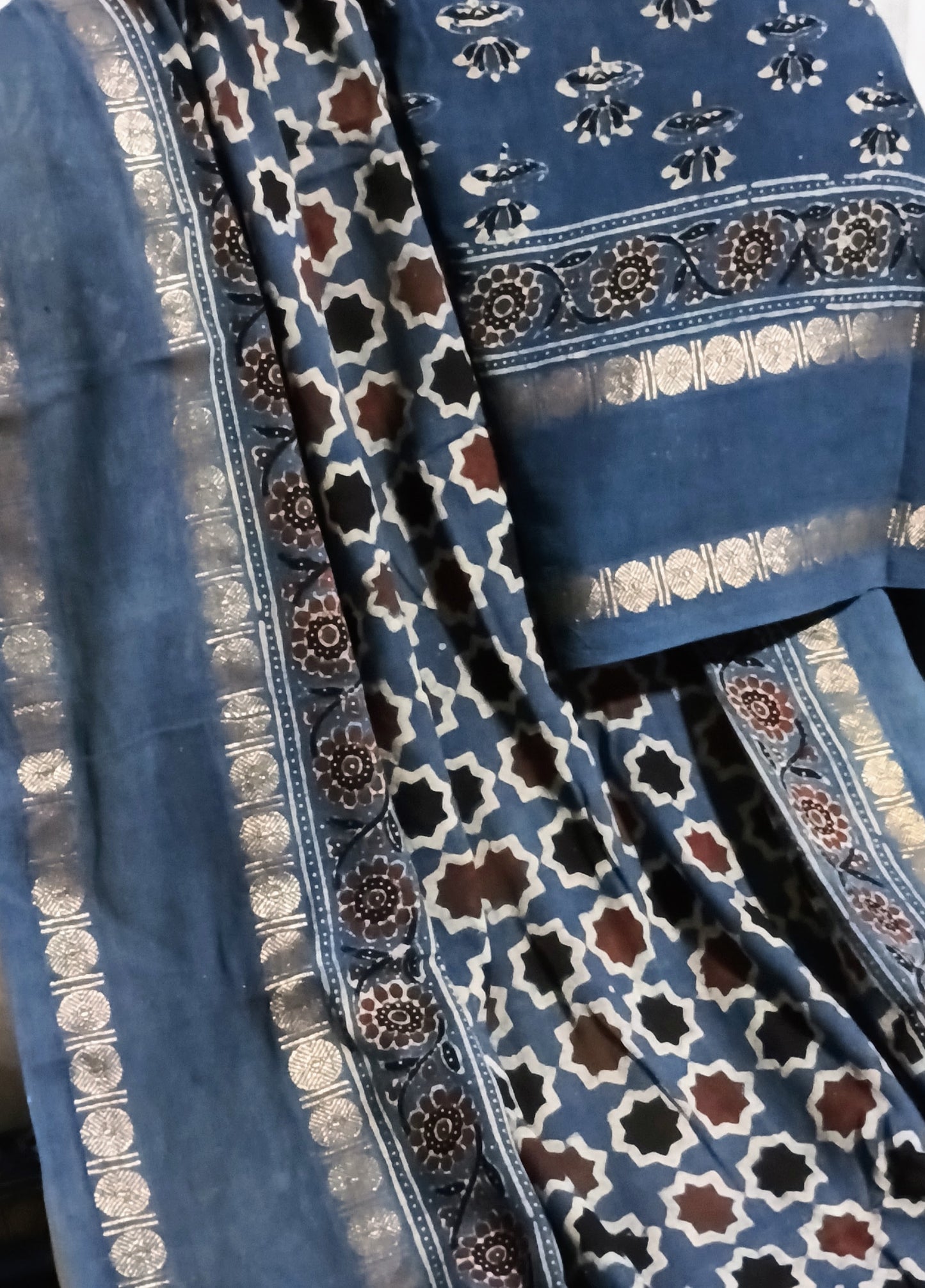 Light Indigo blue Madurai Sungudi Cotton Designer Ajrakh Handblock printed saree