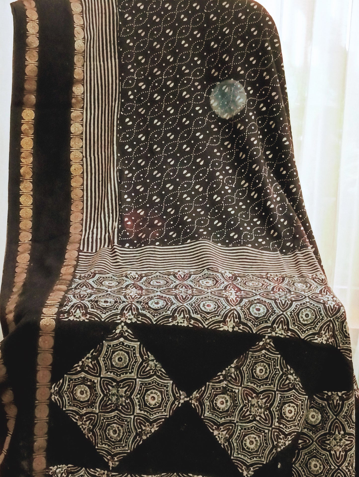 Black Madurai Sungudi Cotton Designer Ajrakh Handblock printed saree (ON SALE due to a small hole in the pallu)