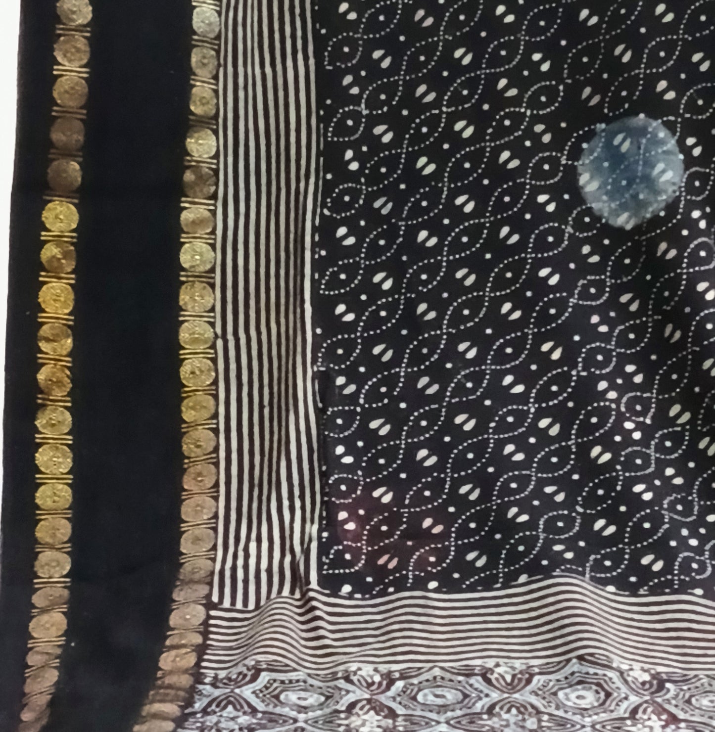 Black Madurai Sungudi Cotton Designer Ajrakh Handblock printed saree (ON SALE due to a small hole in the pallu)