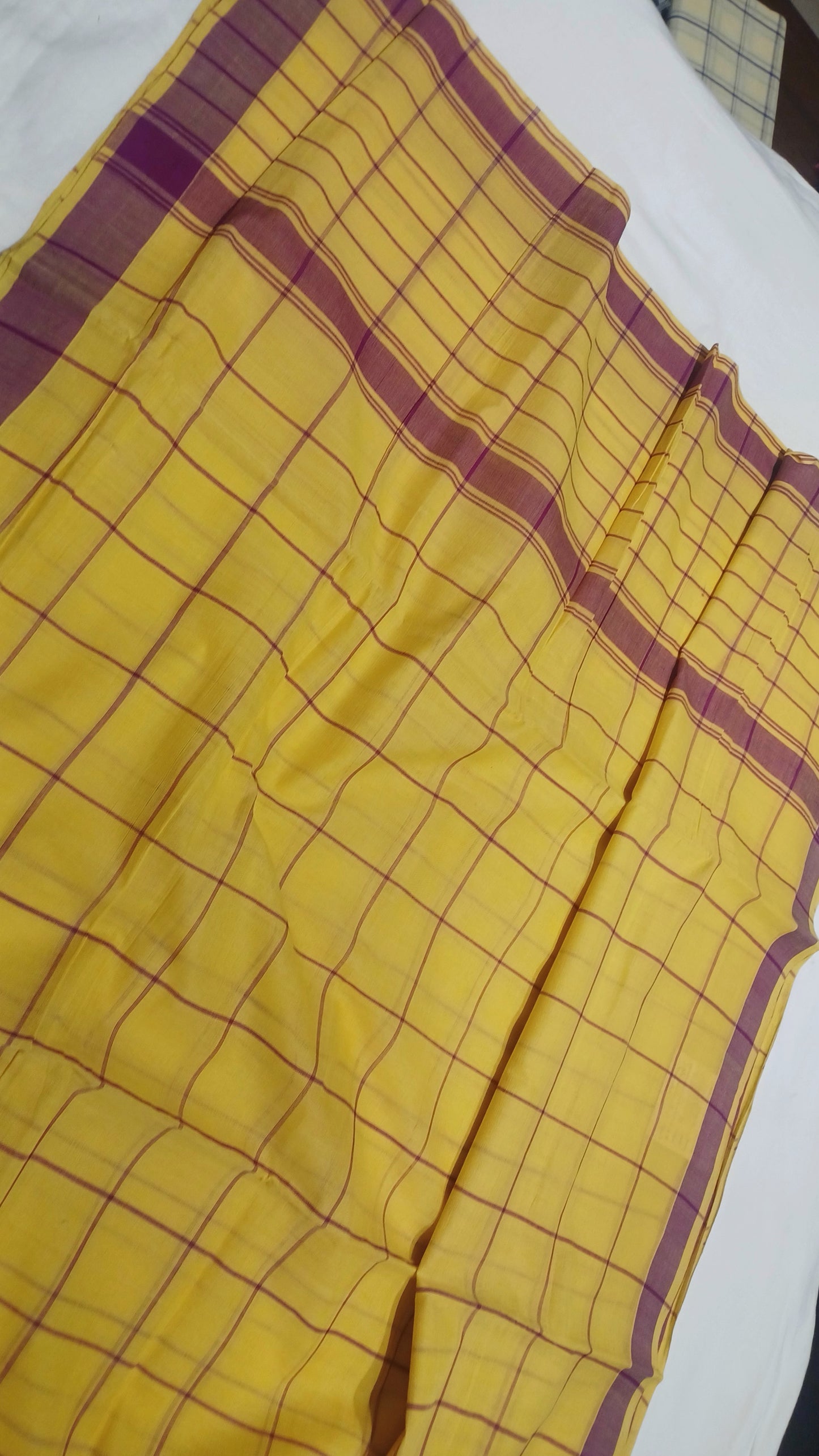 Bobbili Handloom Cotton bright Yellow with magenta Checks Saree Pallu