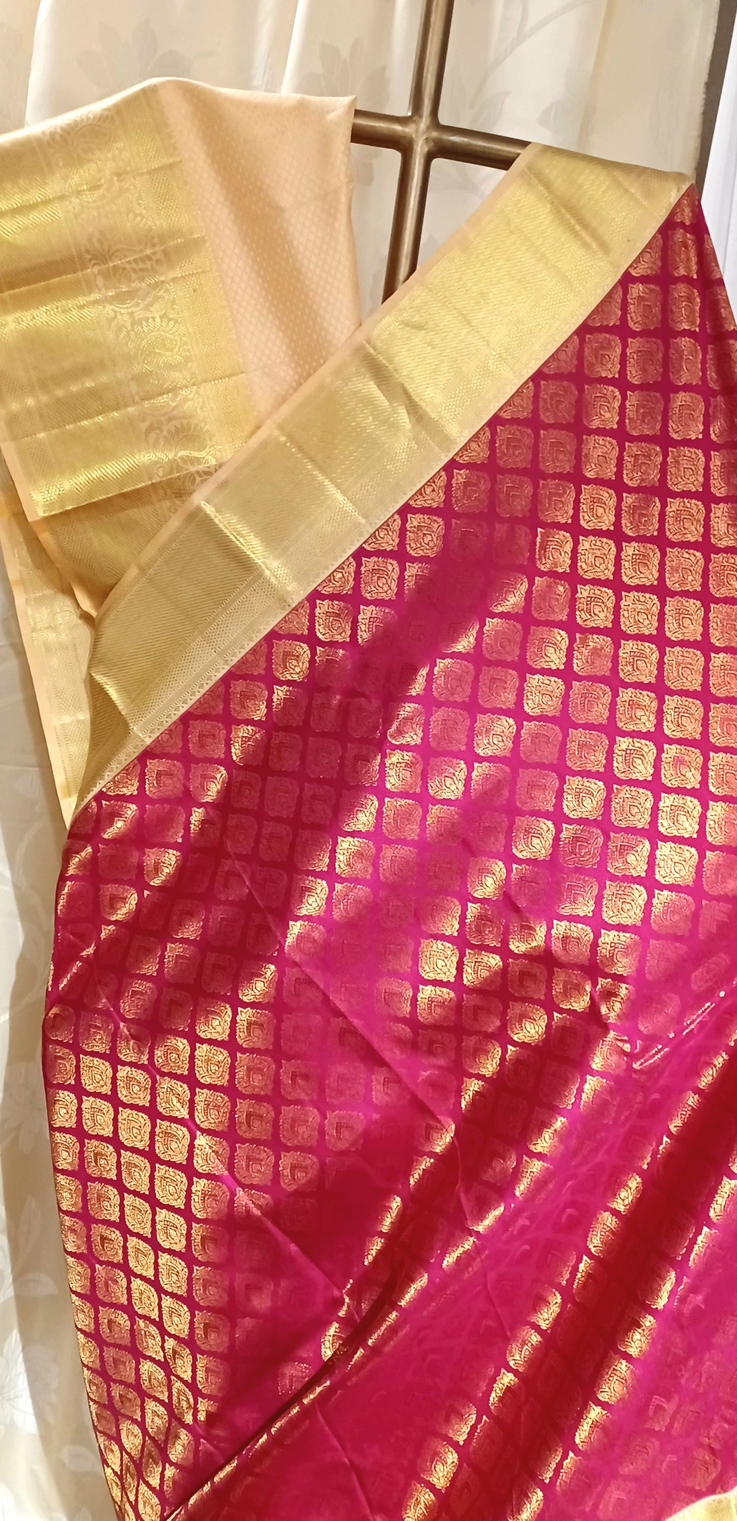 Dark Pink with Cream border Kanchipuram pure silk brocade weave saree