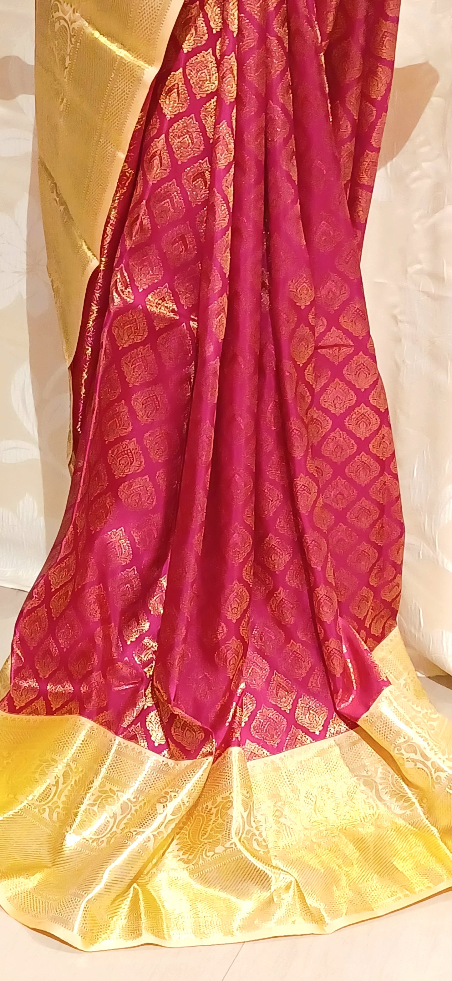 Dark Pink with Cream border Kanchipuram pure silk brocade weave saree