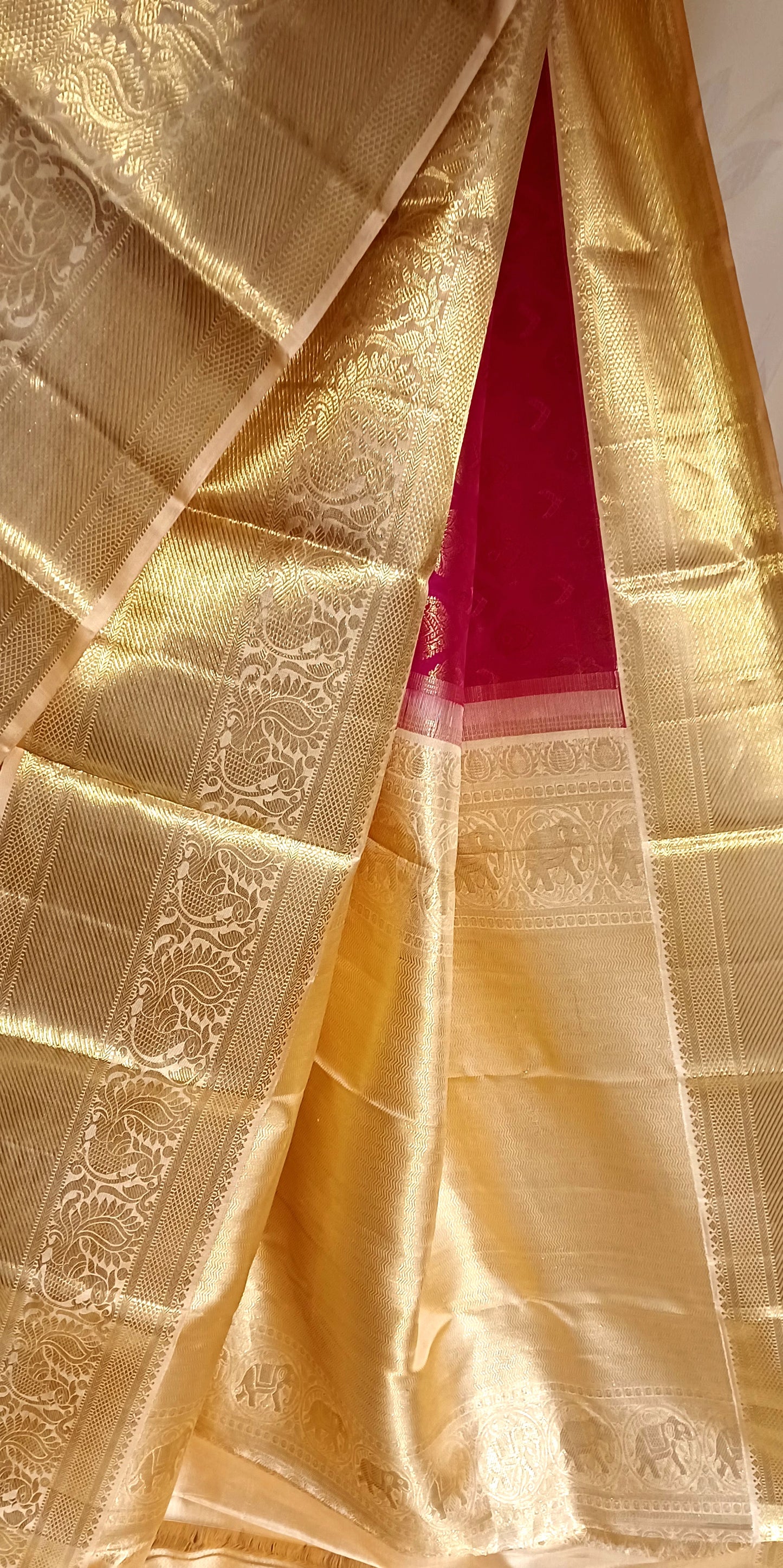 Dark Pink with Cream border Kanchipuram pure silk brocade weave saree