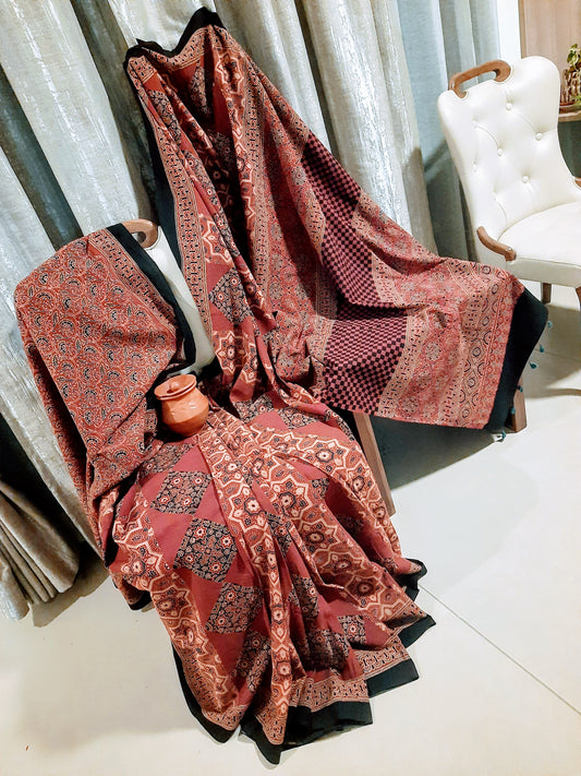 Rust Red Organic Cotton Ajrakh Designer Handblock prints saree