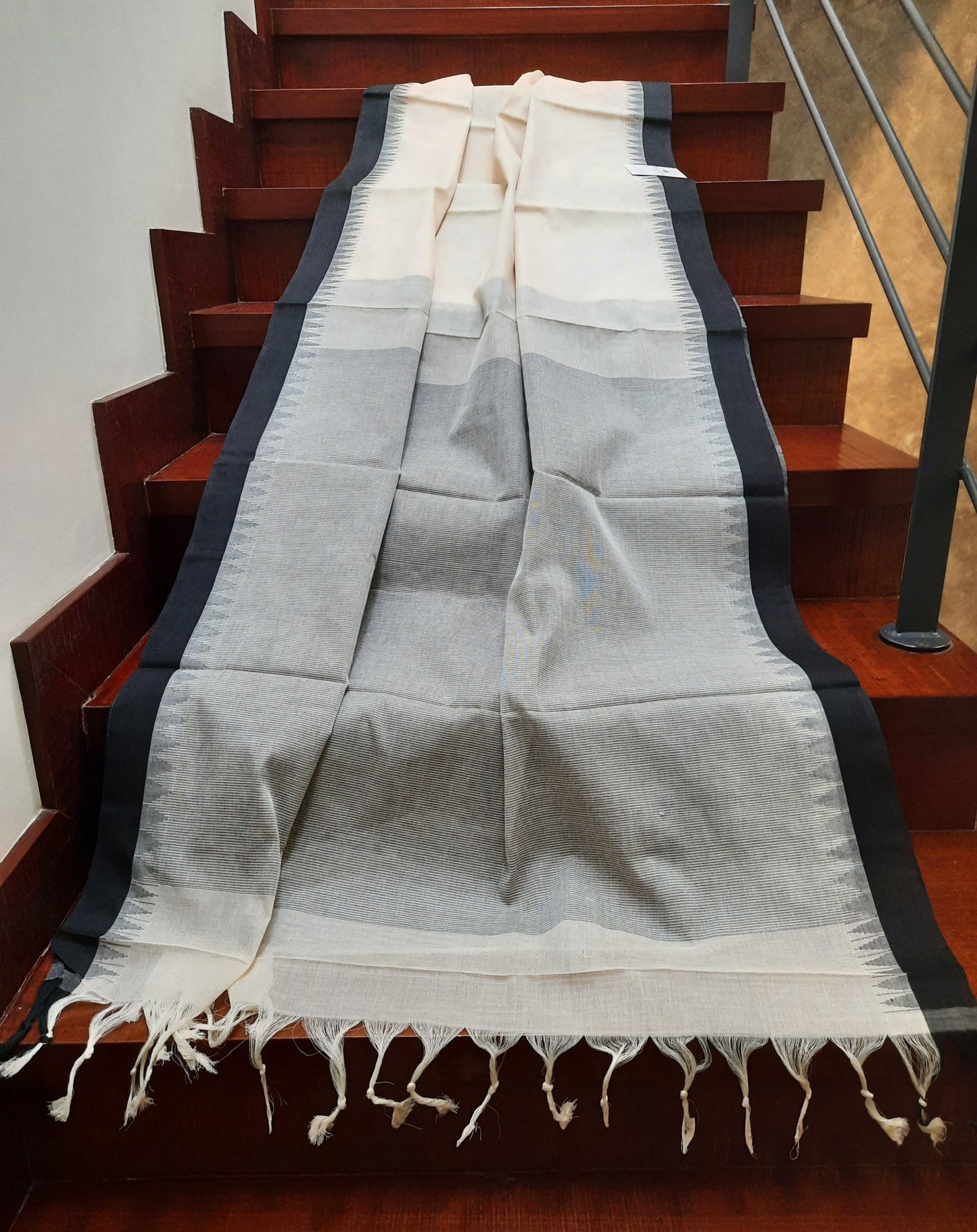 Off-white with Black temple border Ponduru Handspun Handwoven cotton Saree