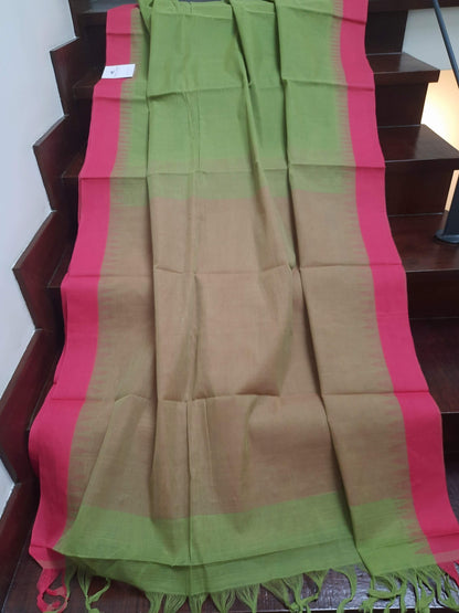 Green with Pink temple border Ponduru Handspun Handwoven cotton Saree