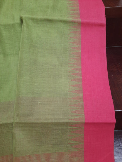 Green with Pink temple border Ponduru Handspun Handwoven cotton Saree
