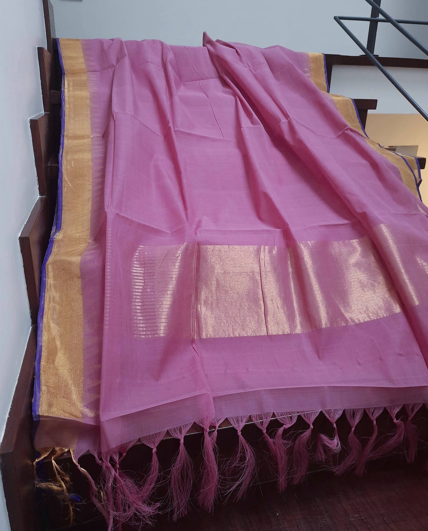 Onion pink with Zari temple border Ponduru Handspun Handwoven cotton Saree