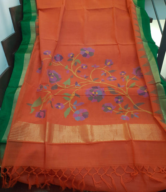 Ponduru Khadi Cotton Jamdani Orange with Zari temple border Saree