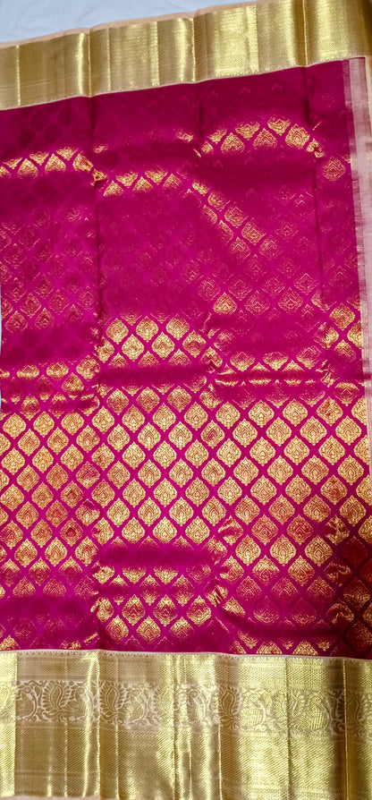 Dark Pink with Cream border Kanchipuram pure silk brocade weave saree