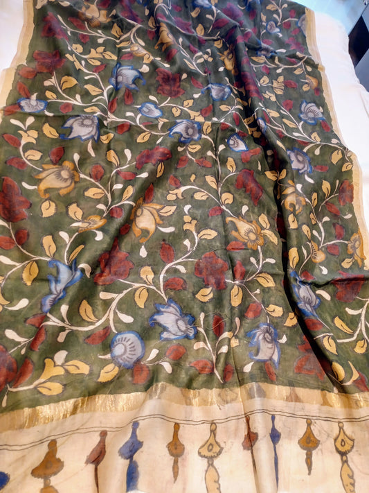 Dark Green Srikalahasti Pen Kalamkari Chanderi Silk Cotton Handpainted Dupatta