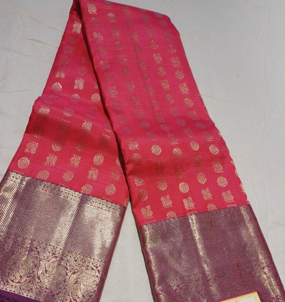 Bubblegum Pink with Purple border Kanchi Pure Silk Saree