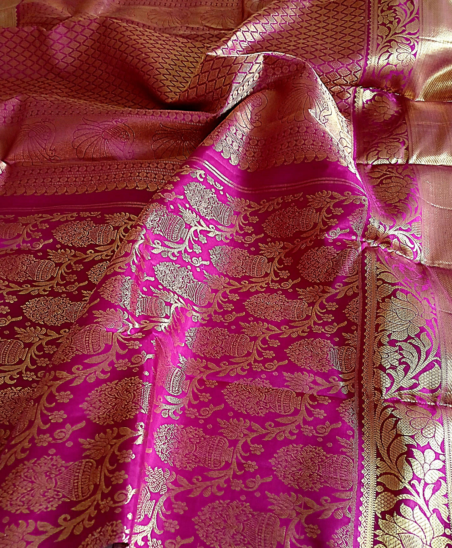 Dark Pink Bridal Kanchipuram pure silk brocade weave saree