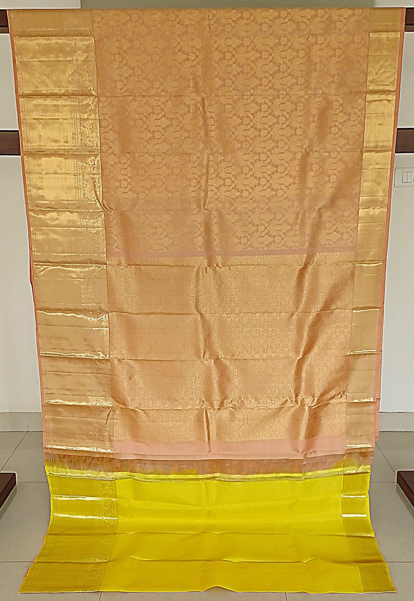 Almond beige Kanchipuram pure silk brocade weave saree