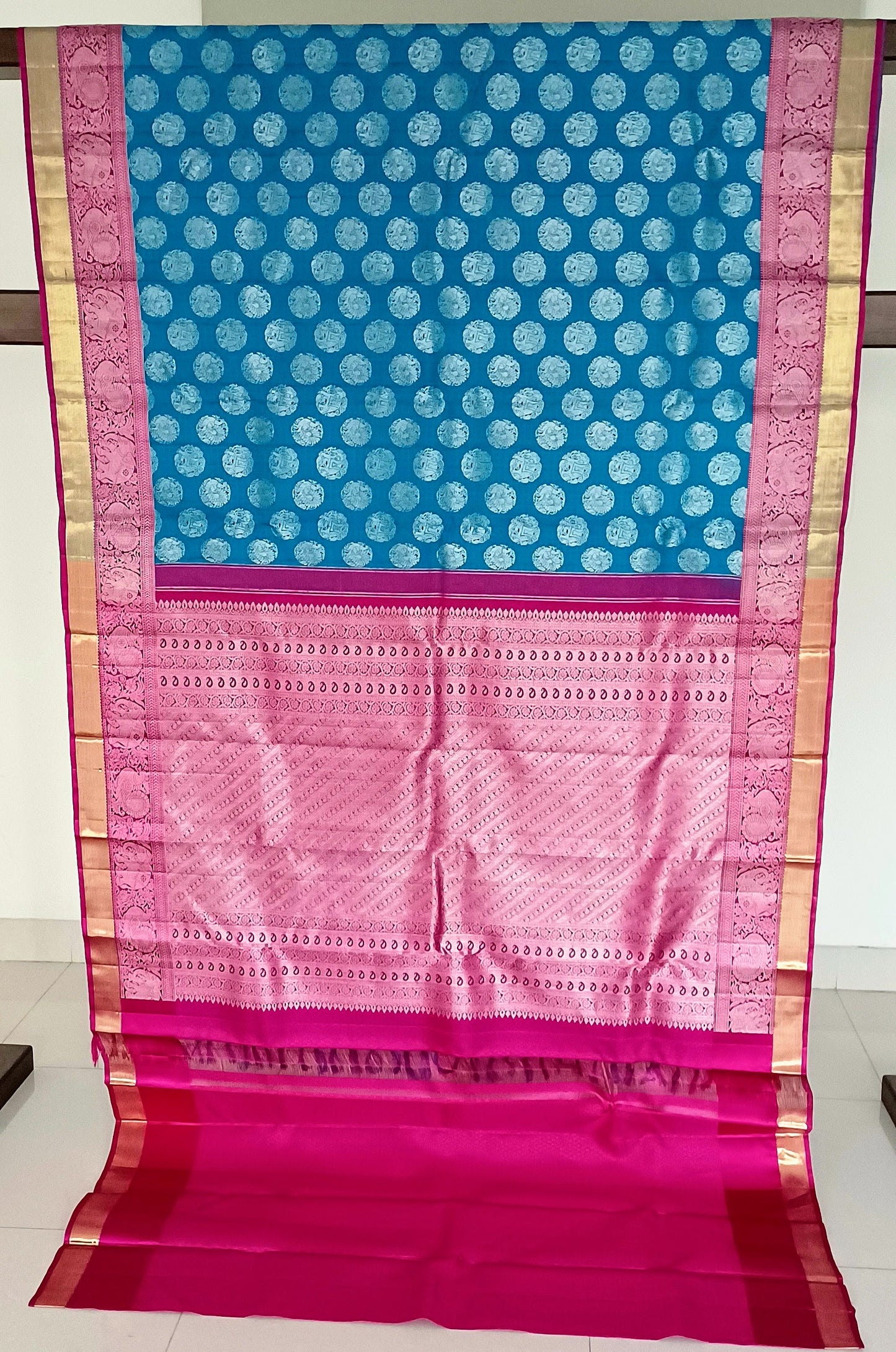 Blue with dark Pink border Kanchipuram pure silk brocade weave saree