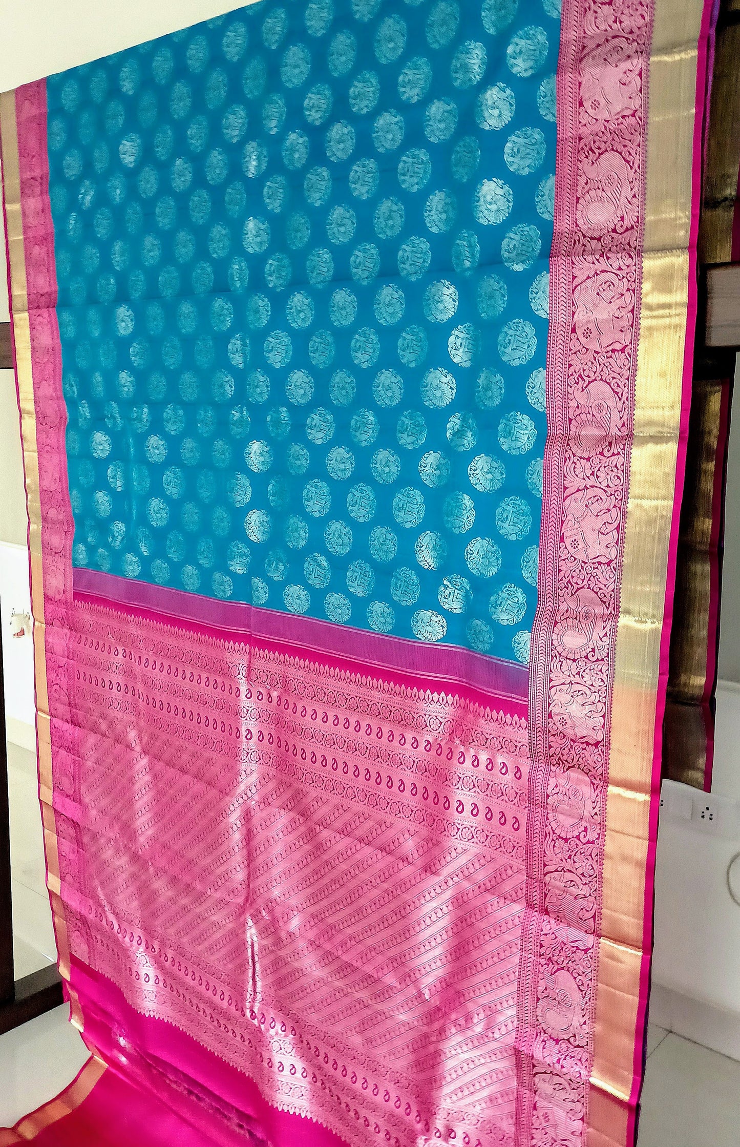 Blue with dark Pink border Kanchipuram pure silk brocade weave saree