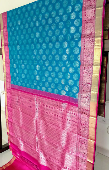 Blue with dark Pink border Kanchipuram pure silk brocade weave saree