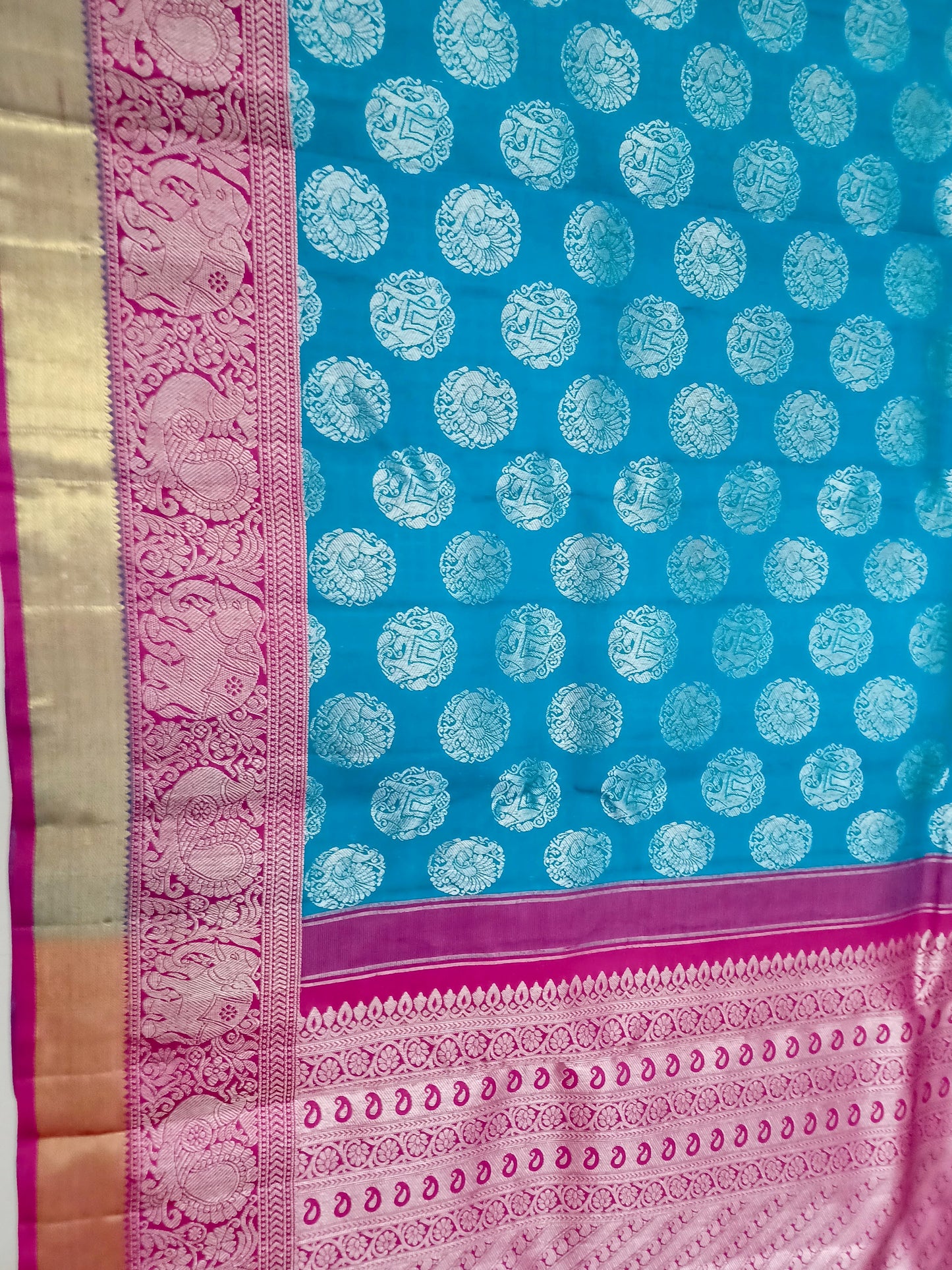 Blue with dark Pink border Kanchipuram pure silk brocade weave saree