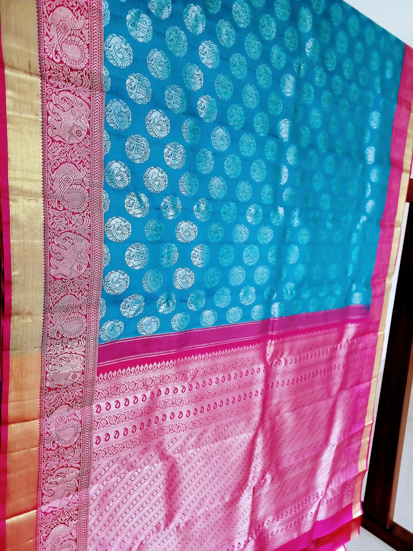 Blue with dark Pink border Kanchipuram pure silk brocade weave saree