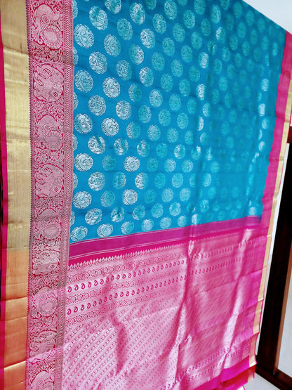 Blue with dark Pink border Kanchipuram pure silk brocade weave saree