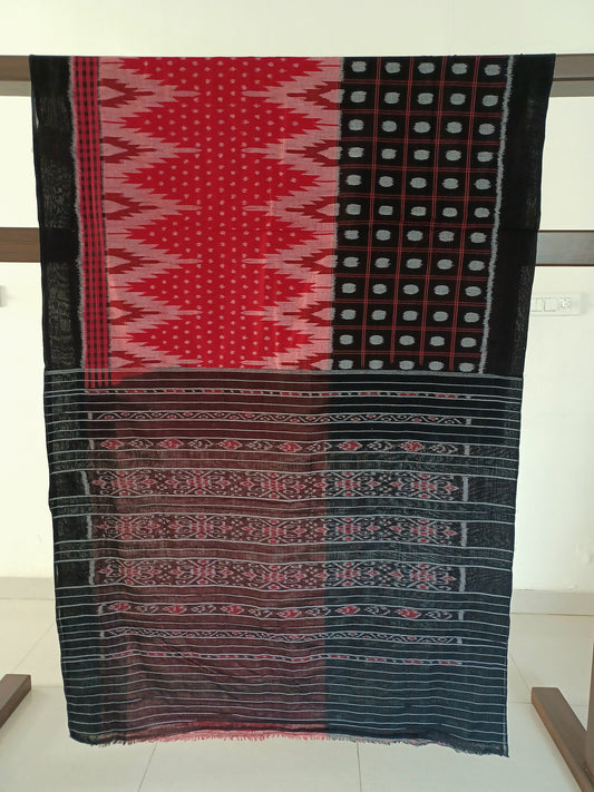Red with Black Orissa Ikkat Tie and Dye Cotton Saree