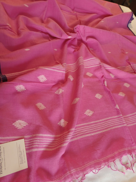 Dark pastel pink Bengal Handspun (khadi) cotton Jamdani Dupatta