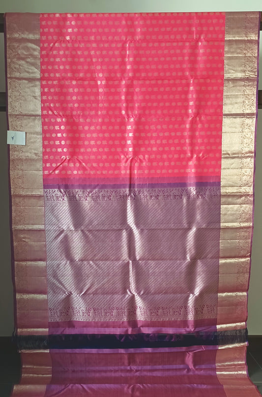 Bubblegum Pink with Purple border Kanchi Pure Silk Saree