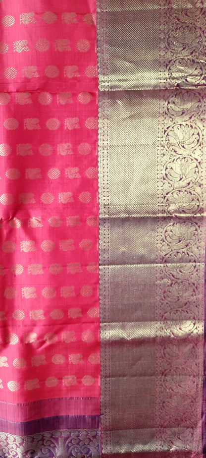 Bubblegum Pink with Purple border Kanchi Pure Silk Saree