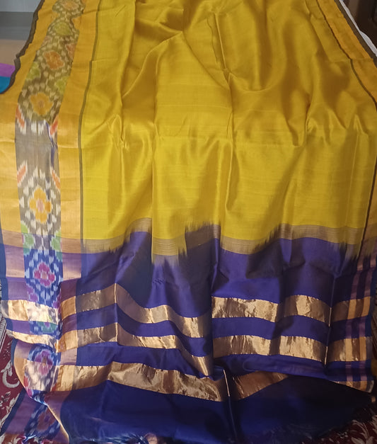 Yellow with Dark Blue Ikkat woven Tissue Border/Pallu Patur Silk Cotton Saree