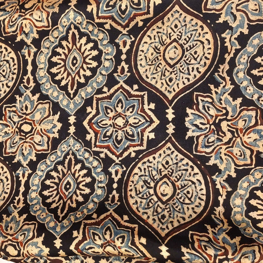 Black with Indigo Ajrakh Handblock Print Modal Silk Fabric