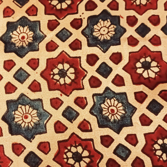 Beige, Indigo blue and Maroon Ajrakh Handblock print Mashru Silk Fabric