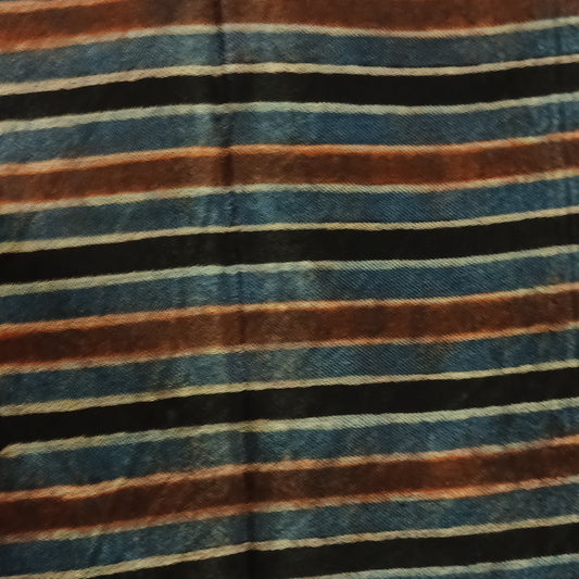 Indigo blue, Maroon and Black Ajrakh Handblock Stripes print Mashru Silk Fabric