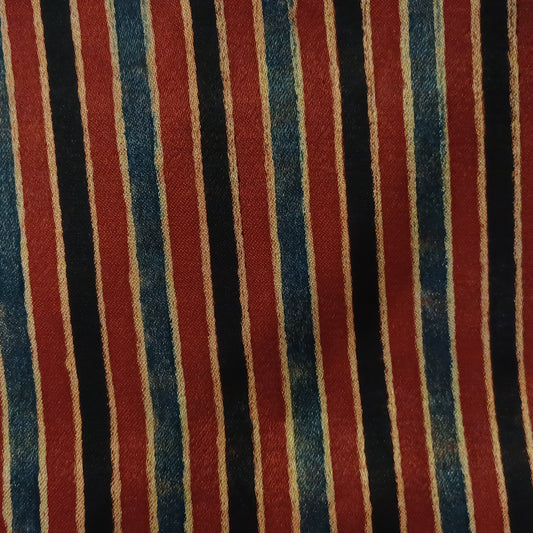 Maroon Red, Indigo blue and Black Ajrakh Handblock Stripes print Mashru Silk Fabric