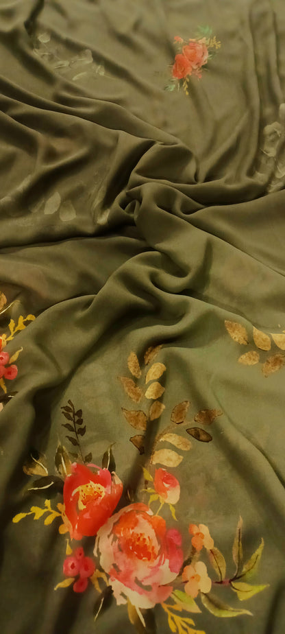 Seaweed green Floral Print Georgette saree