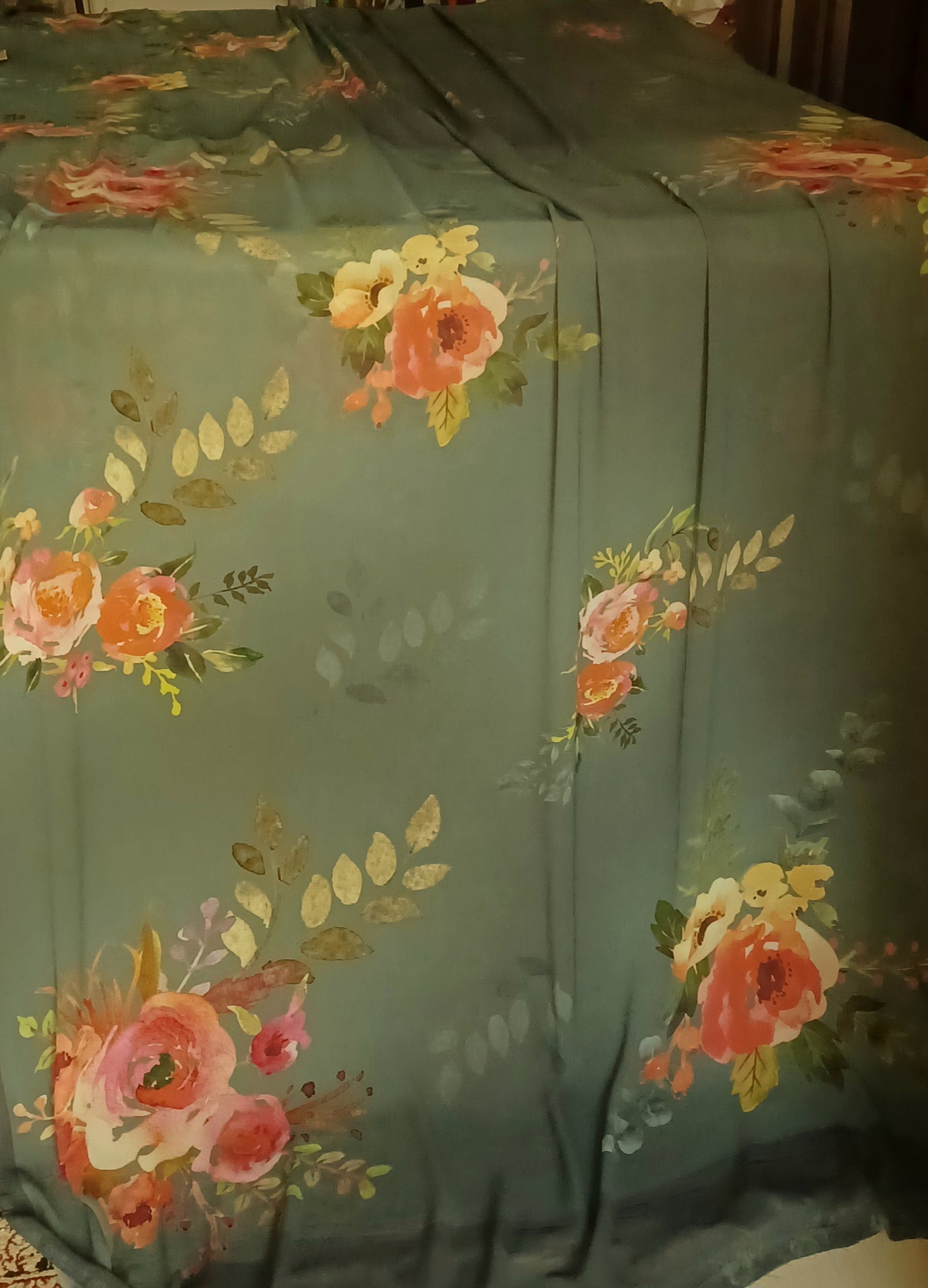 Seaweed green Floral Print Georgette saree