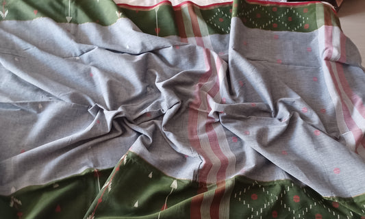 Grey with Green big border Bengal Handspun (Khadi) cotton Jamdani saree