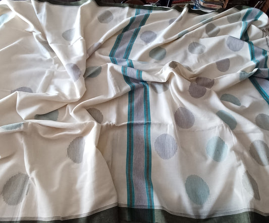 Off-White Bengal Handspun (Khadi) cotton Jamdani saree