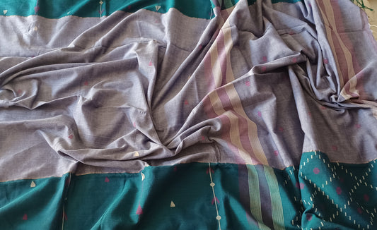 Grey with Teal Green big border Bengal Handspun (Khadi) cotton Jamdani saree
