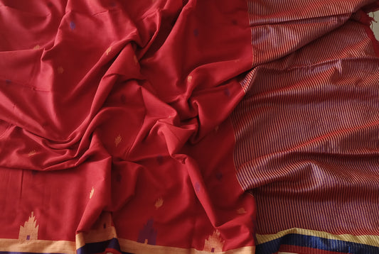 Red Bengal Handspun (Khadi) cotton Jamdani Temple border Saree