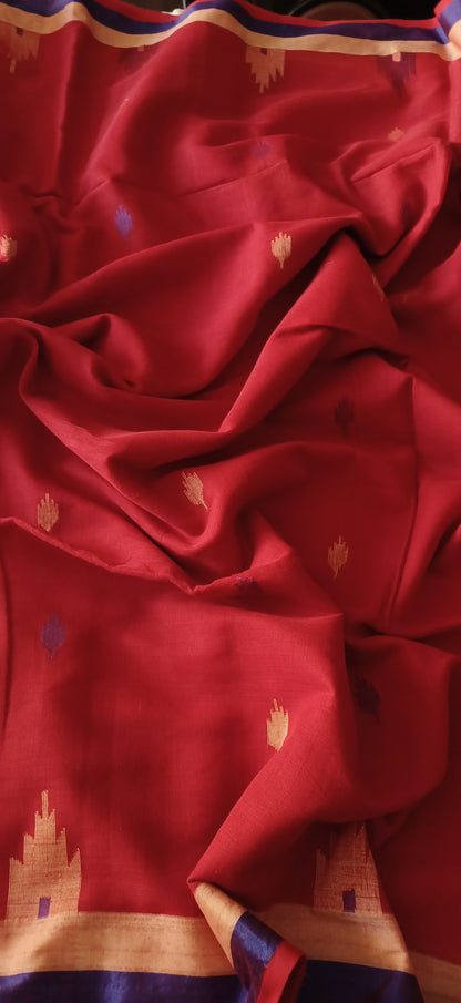 Red Bengal Handspun (Khadi) cotton Jamdani Temple border Saree