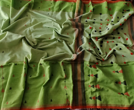 Parrot Green Bengal Handspun (Khadi) cotton Jamdani saree